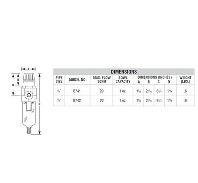 B741L ARROW MINIATURE FILTER/REGULATOR<BR>1/8" NPT, 40MIC 3-60PSI