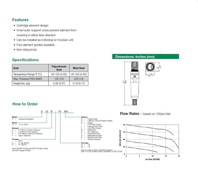 C12D-02 NUMATICS/AVENTICS COALESCING FILTER/REGULATOR<BR>12 SERIES 1/4" NPT, 0.3MIC 0-125PSI