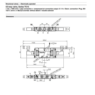 0820059101 NUMATICS/AVENTICS SOL-PILOT VALVE<BR>TC15 SERIES 5/3 CLOSED CTR 24VDC 1/4" G, FL NON LK O'RIDE