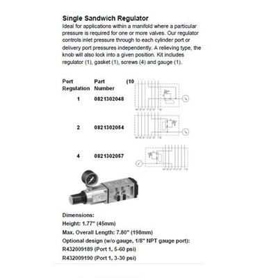 0821302048 NUMATICS/AVENTICS SANDWICH REGULATOR<BR>ISO1 5599/1 SERIES SGL PR 10-120PSI