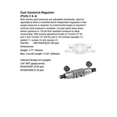 0821302051 NUMATICS/AVENTICS SANDWICH REGULATOR<BR>ISO1 5599/1 SERIES DBL PR 10-120PSI