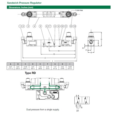 353RD100J000000 NUMATICS/AVENTICS SANDWICH REGULATOR<BR>2035 SERIES DUAL PR 10-130PSI