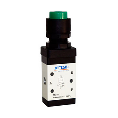 AIRTAC MANUAL VALVES, M3 SERIES PROTRUDING TYPE&lt;BR&gt;3 WAY 2 POSITION N.C, 1/8&quot; NPT PORTS BLACK BUTTON
