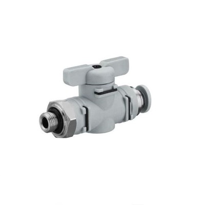 NUMATICS/AVENTICS PLASTIC PUSH-IN BALL VALVE&lt;BR&gt;1/4&quot; TUBE X 1/4&quot; NPT MALE, T HANDLE, 145PSI (OVAL)
