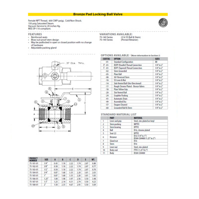 75-108-01 APOLLO BRONZE BALL VALVE<BR>2" NPT FEMALE, PAD LOCK LEVER HANDLE, 600PSI