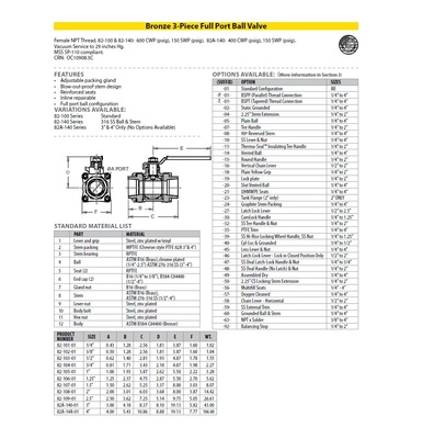 82-106-19 APOLLO BRONZE BALL VALVE<BR>1 1/4" NPT FEMALE, FULL PORT, PAD LOCK LEVER HANDLE