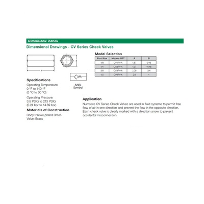 CV3FN-A NUMATICS/AVENTICS NP BRASS INLINE CHECK VALVE<BR>3/8" NPT FEMALE, 213PSI